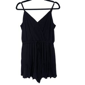 Francescas Blue Rain Medium Black Ruffled Faux Wrap Cinch Waist Romper Playsuit